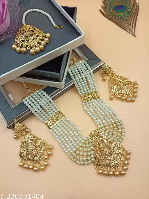 lassic Pearl Gold Plated Long Haram Necklace Set for Women