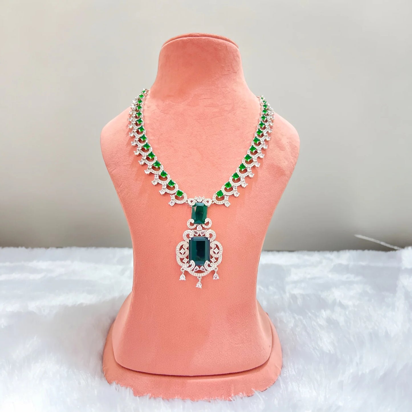 Nita Ambani Inspired Emerald Green AD American Diamond and Cubic Zirconia Necklace with Earrings