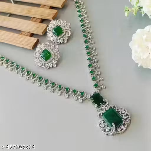 Nita Ambani Inspired Emerald Green AD American Diamond and Cubic Zirconia Necklace with Earrings