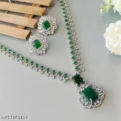 Nita Ambani Inspired Emerald Green AD American Diamond and Cubic Zirconia Necklace with Earrings
