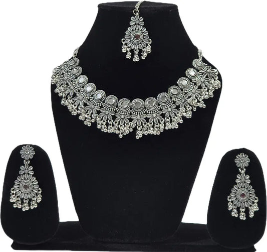 Oxidised Silver, Alloy Silver Silver, White Jewel Set  (Pack of 4)