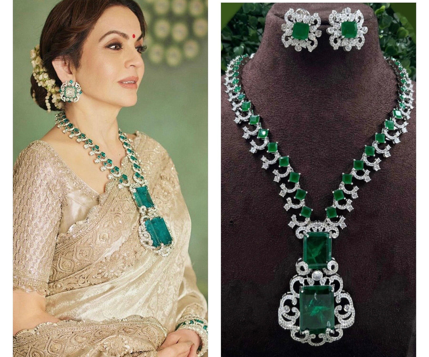 Nita Ambani Inspired Emerald Green AD American Diamond and Cubic Zirconia Necklace with Earrings