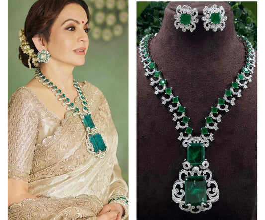 Nita Ambani Inspired Emerald Green AD American Diamond and Cubic Zirconia Necklace with Earrings