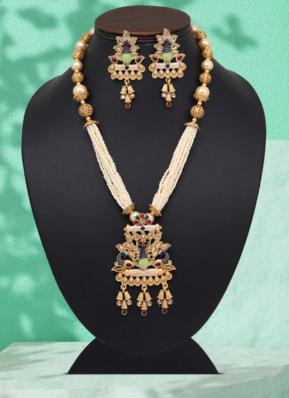 Bridal Wear Multi Color Matte Gold Rajwadi Temple Necklace Set