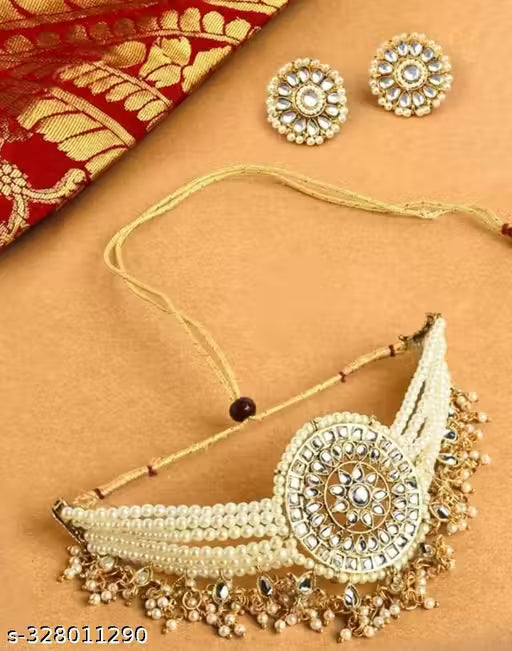 Gold Plated Traditional Pearl & Kundan Studded Choker Necklace Jewellery Set For Women And Girls