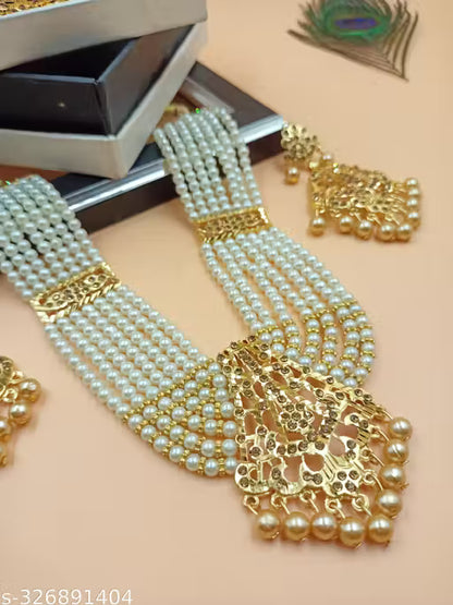 lassic Pearl Gold Plated Long Haram Necklace Set for Women