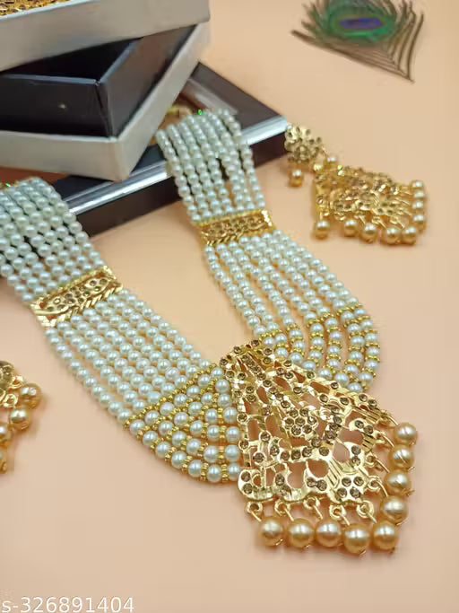 lassic Pearl Gold Plated Long Haram Necklace Set for Women