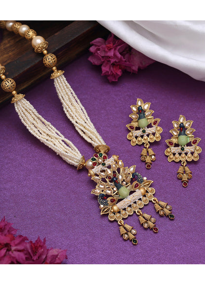 Bridal Wear Multi Color Matte Gold Rajwadi Temple Necklace Set