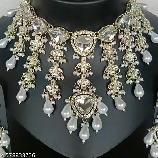 White Beads and Stone Long Necklace New Latest design