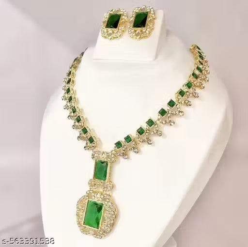 Nita Ambani Inspired Emerald Green AD American Diamond and Cubic Zirconia Necklace with Earrings