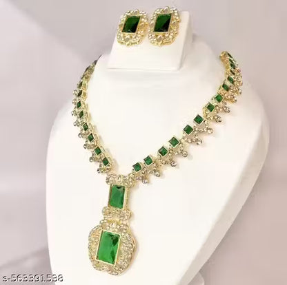 Nita Ambani Inspired Emerald Green AD American Diamond and Cubic Zirconia Necklace with Earrings