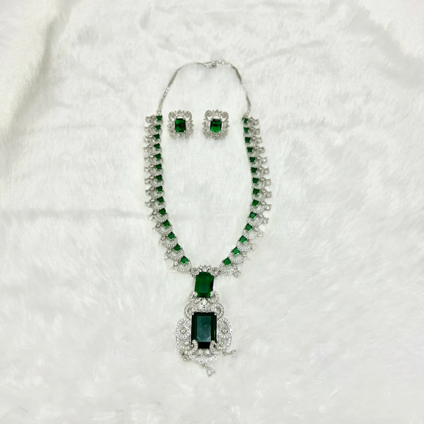 Nita Ambani Inspired Emerald Green AD American Diamond and Cubic Zirconia Necklace with Earrings