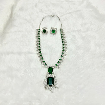 Nita Ambani Inspired Emerald Green AD American Diamond and Cubic Zirconia Necklace with Earrings