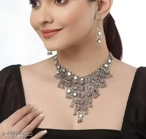 Latest stylish mirror silver oxidized jewellery set