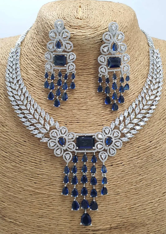 American DIAMOND Stone Silver Blue, White Jewel Set (Pack of 4) CHOKER NECKLACE Set With Drop Earrings Cz Stone Wedding Bridal Indian Designer Jewellery For Women
