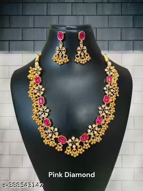 Gold Plated Green-Pink Diamond Jewellery Set