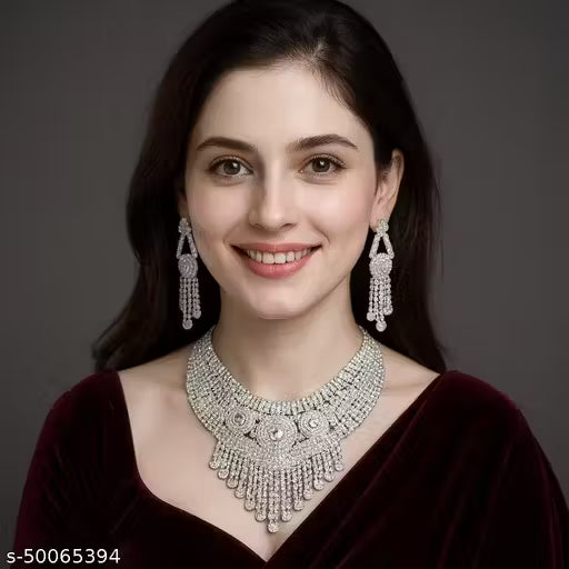 Heavy Silver Jewellery Set for Women – Diamond Look Necklace & Earrings | Wedding & Navratri Special 🛍️ swatistore.com