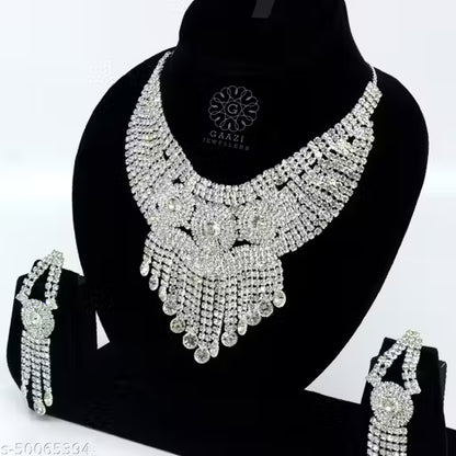 Heavy Silver Jewellery Set for Women – Diamond Look Necklace & Earrings | Wedding & Navratri Special 🛍️ swatistore.com