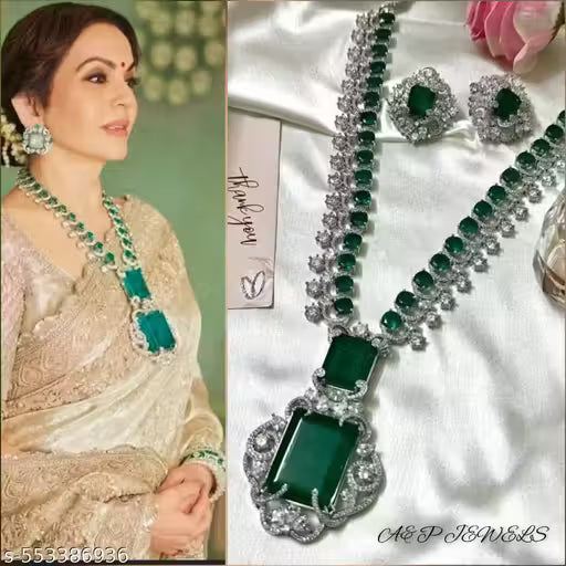Nita Ambani inspired emerald green AD American diamond and cubic zirconia necklace with earrings for women's and girls