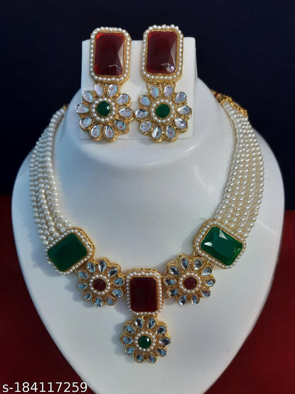 Pearl Multi String Five Layered Rajasthani Style Vintage Necklace Set With Earrings Jewellery For Women & Girls